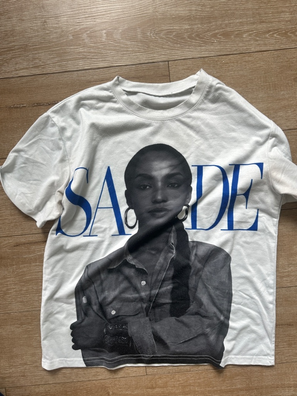 SADE Graphic Band Tee in White with Blue Lettering